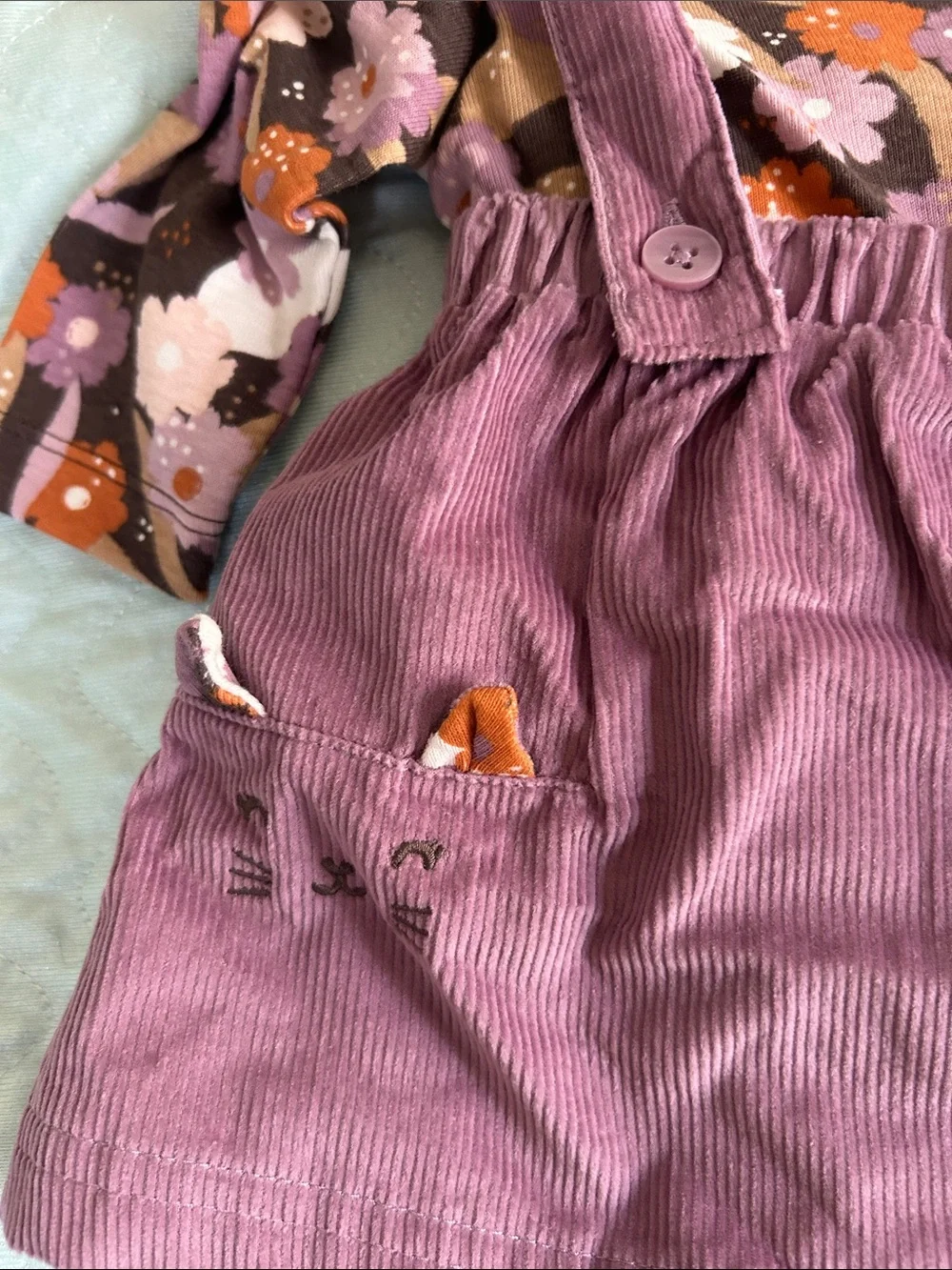 Corduroy Suspender Dress with Floral Bodysuit & Tights - Purple Floral